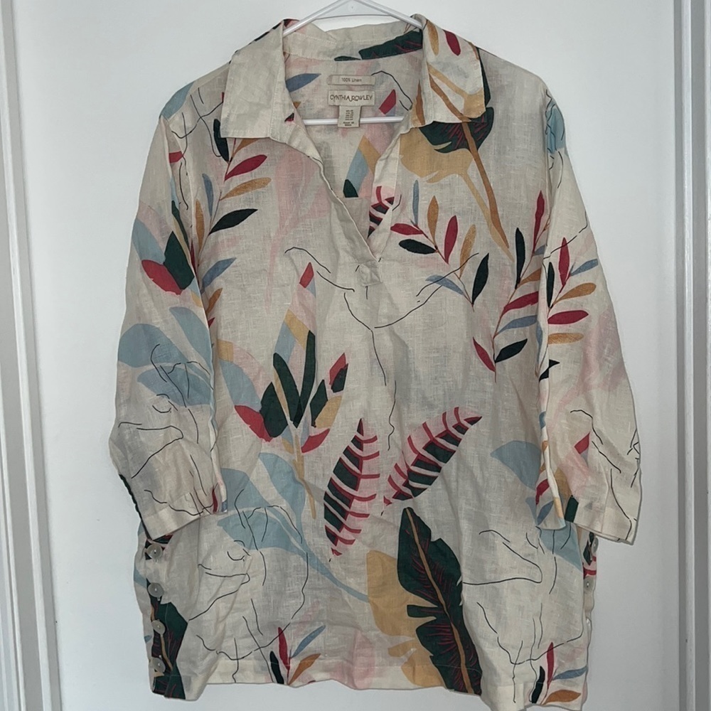 Cynthia Rowley Linen Top Button Down White Floral Size 1X